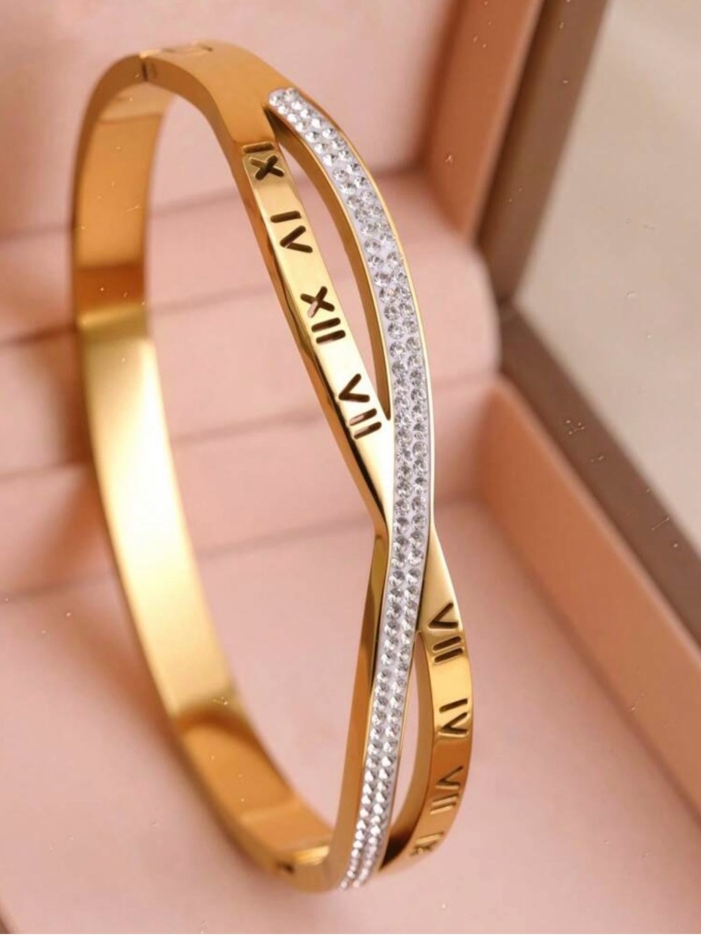 Gold Roman Numeral Twisted Bangle Bracelet with Crystal Accent